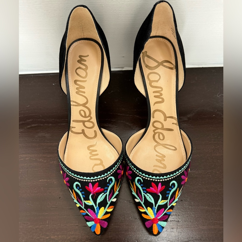 Black suede 3 inch heal with floral stitching